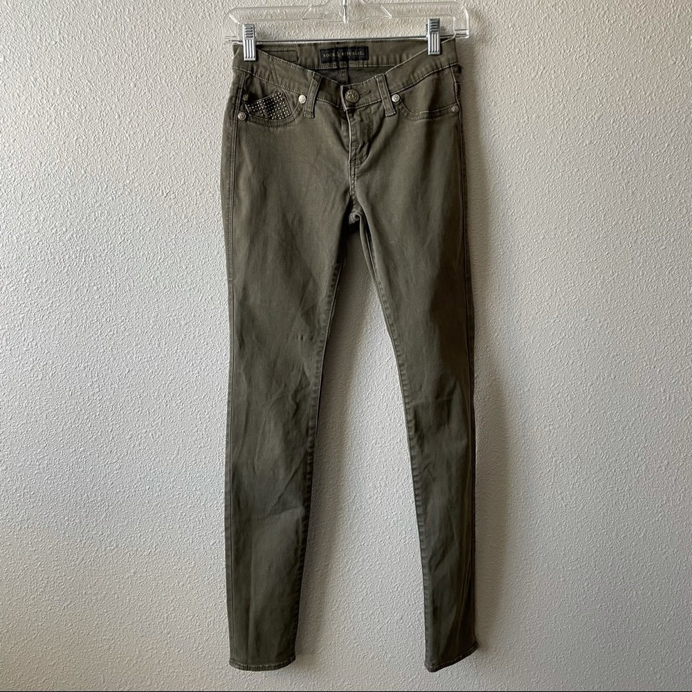 Rock & Republic Kashmiere Jeggings Olive Studded Skinny Jeans Edgy Utilitarian